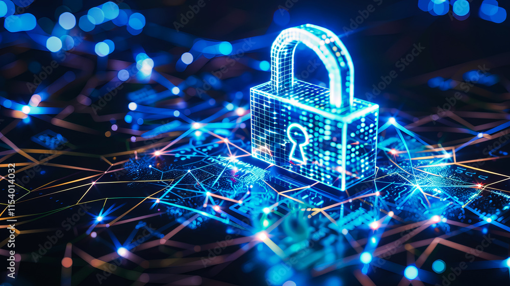 Poster a glowing padlock surrounded by digital elements, representing data security and online protection i