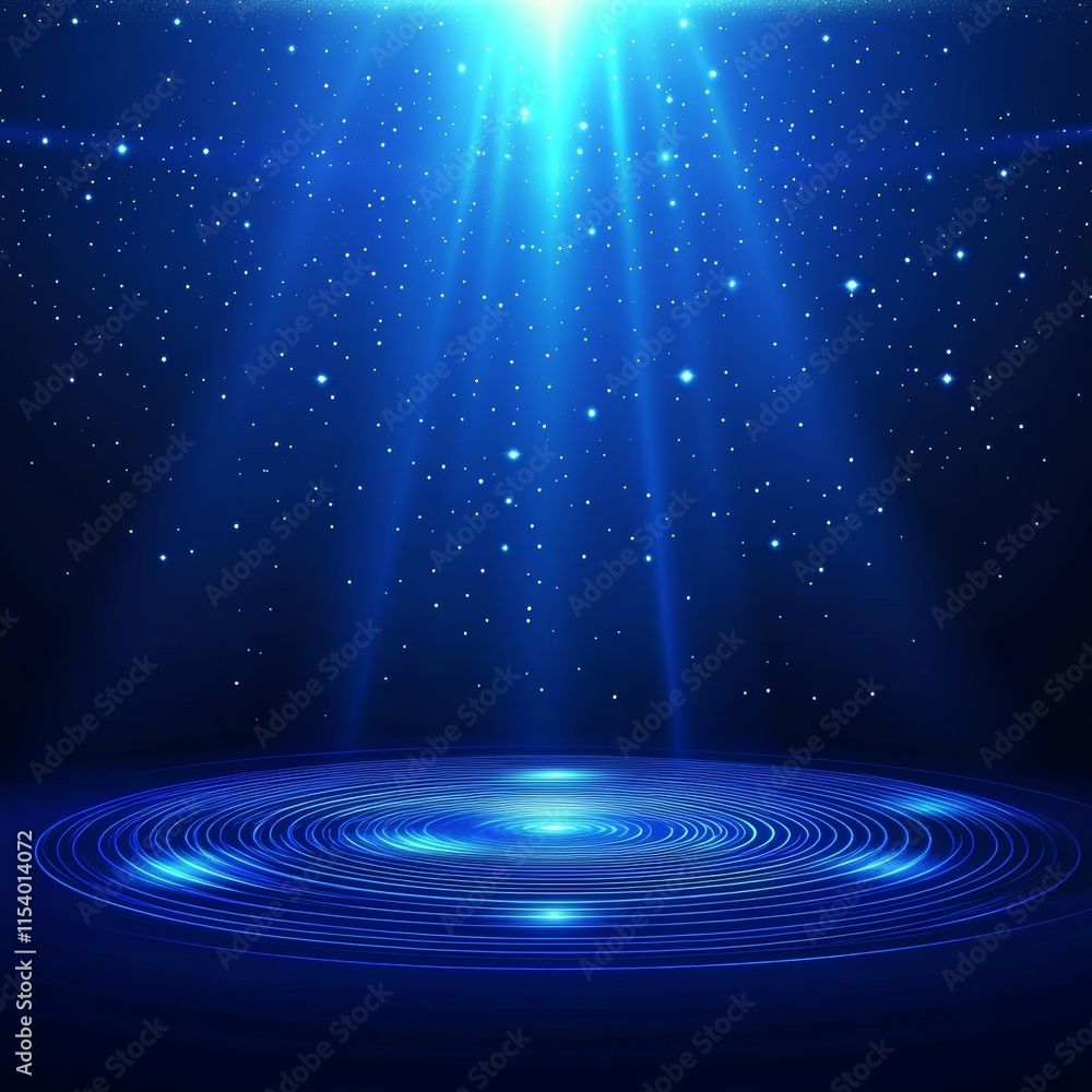 Poster light beams illuminate a tranquil blue surface, creating a serene atmosphere with swirling patterns 
