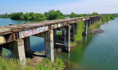 Fototapeta premium Abandoned Bridge Over River in Buffalo, NY with Graffiti and Overgrown Greenery, AI generated illustration