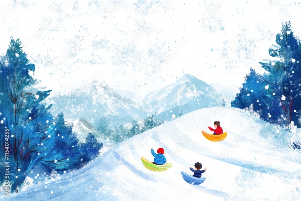 Poster joyful winter day with children sledding in a snowy landscape surrounded by mountains and pine trees