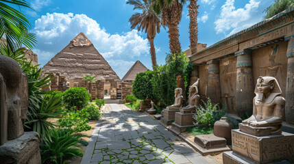 Ancient Egyptian Temple with Statues and Pyramids Under a Vibrant Blue Sky Surrounded by Lush Greenery and Palm Trees