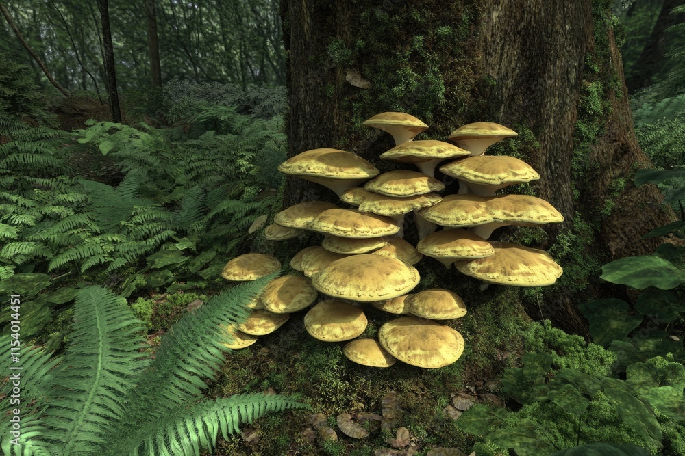 Poster a cluster of yellow mushrooms growing on the base of a tree in a lush forest environment.
