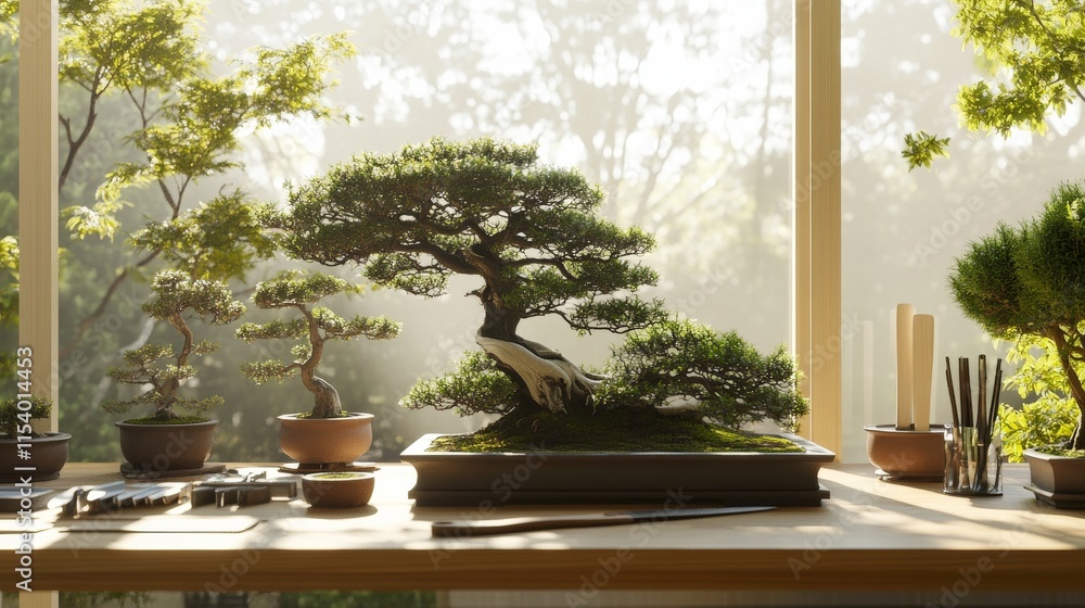 Poster A well-organized bonsai display with neatly arranged bonsai trees and tools, A quiet room with soft natural light and clean surfaces, Minimalist botanical style