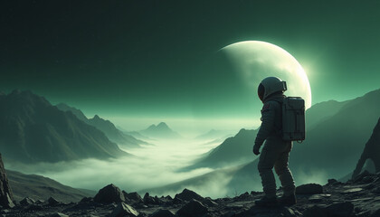 Lone astronaut traveler in unknown planet, sci-fi wallpaper