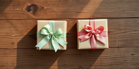 Fototapeta premium Two elegantly wrapped gifts with pastel ribbons rest on a rustic wooden surface bathed in sunlight