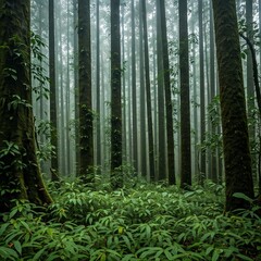 Fototapeta premium Serenity in the Mist: A lush green forest shrouded in enchanting fog, capturing nature's tranquility.