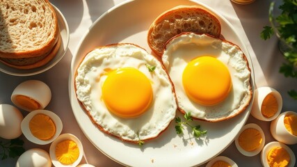 Sunny-side up eggs served on toasted bread, accompanied by halved soft-boiled eggs and fresh herbs.