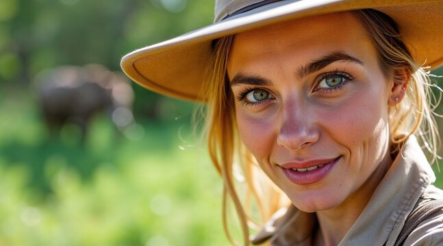 Close-up of a female zookeeper in safari clothes with a smile in a lush green savannah