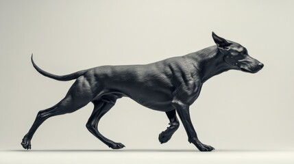 Fototapeta premium Sleek black dog in motion against a light gray background.