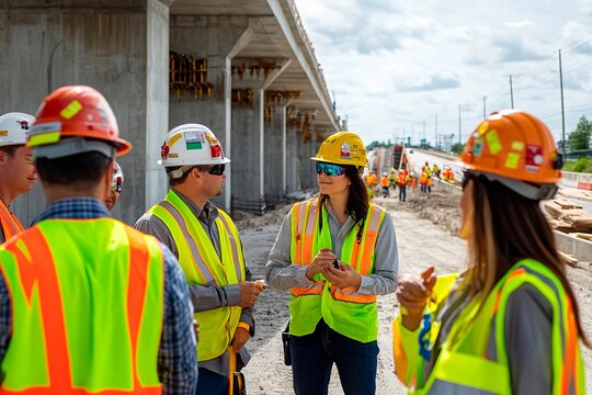 Construction team collaborates on a busy site under a bright sunny sky