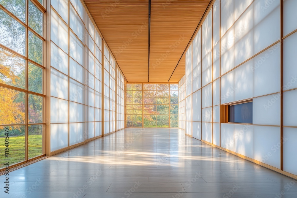 Poster a hallway features shoji partitions and a simple tokonoma, creating a tranquil atmosphere with soft 