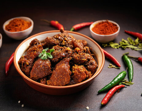 A bowl of spicy mutton curry is garnished with fresh coriander leaves and surrounded by red chili peppers and spice bowls on a dark background.