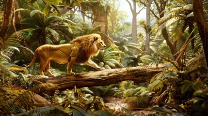Obraz premium Majestic lion walks jungle log.