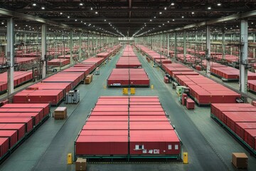 Fototapeta premium Vast Industrial Warehouse Filled with Red Containers - A Stunning Aerial View of Modern Logistics