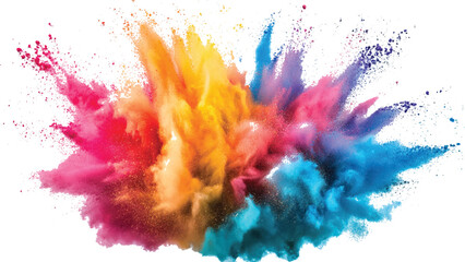 Multicolor powder explosion on White background. Colorful dust explode. Paint Holi. colorful vibrant rainbow Holi paint color powder explosion with bright colors isolated white background.