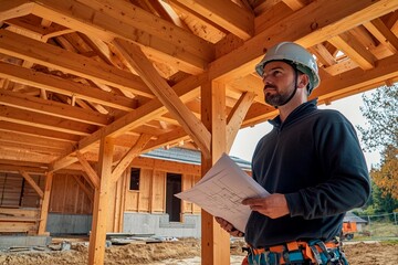 Construction worker reviews blueprints under wooden framework at a building site