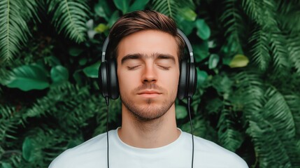 A young man enjoying music with headphones on, surrounded by lush green foliage. The scene captures tranquility and personal reflection in a calming natural environment.