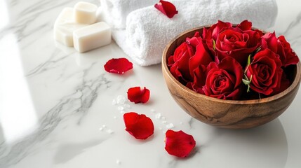 Spa setting with roses, towels, and soap.
