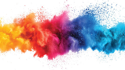 Multicolor powder explosion on White background. Colorful dust explode. Paint Holi. colorful vibrant rainbow Holi paint color powder explosion with bright colors isolated white background.