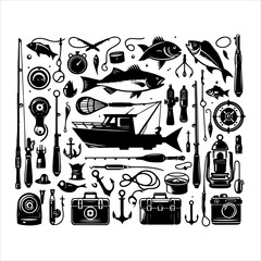 Set of fishing supplies vector. Fishing tackle icons. Collection of Fishing elements silhouette illustration
