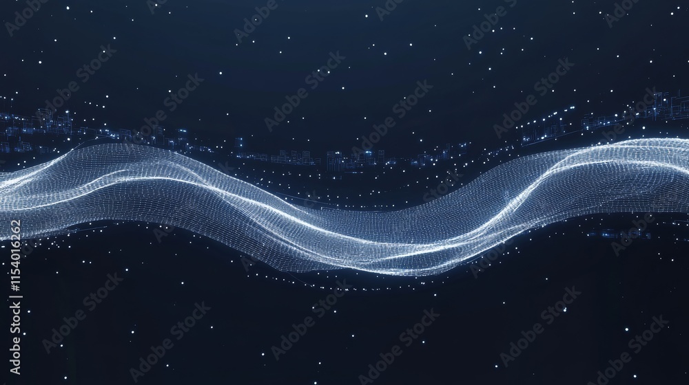 Poster swirling digital waves illuminated by particles in a dark, cosmic landscape representing connection 