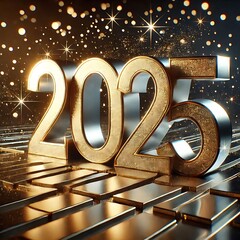 Golden Glittering 2025 Numbers with Sparkling New Year Celebration in Midnight Sky