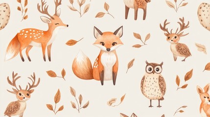 Fototapeta premium Watercolor autumn forest animals seamless pattern.