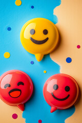 Fototapeta premium Three smiley faces with speech bubbles on a blue and yellow background