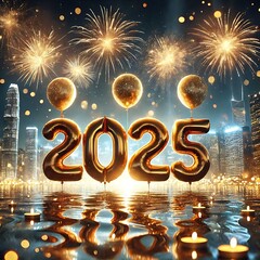 Gold Foil Number Balloons 2025 with Fireworks and City Skyline for New Year's Eve Celebration
