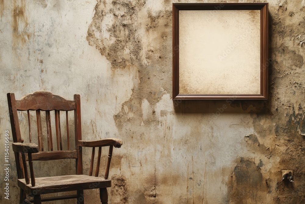 Poster old wooden chair sits against a weathered wall with an empty frame, highlighting a sense of nostalgi