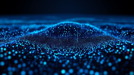 Abstract digital landscape showcasing a wave of glowing blue dots, representing data movement and connectivity in a futuristic environment. Ideal for tech-related content.