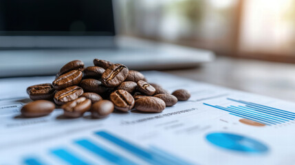 Coffee beans on business graphs and charts, symbolizing growth