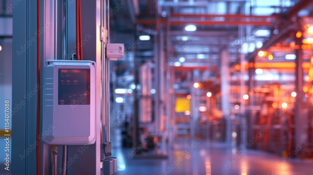 Aufkleber image of a rugged datacollection device stationed at a corner of a busy factory floor connected wire