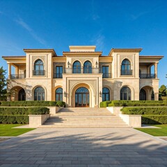 Fototapeta premium A luxurious villa with Arabic architectural influences, featuring arched doorways, a symmetrical facade, and formal landscaping. 