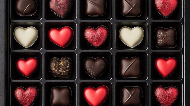 An assortment of heart-shaped chocolates in a neatly arranged box. The rich variety includes dark, milk, and white chocolates, perfect for gifting or indulging in sweetness.