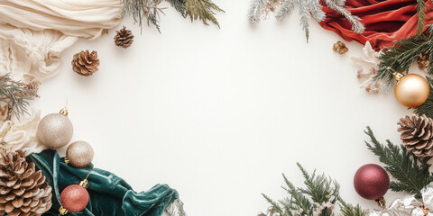 Photo of a cozy Christmas flat lay with pinecones, baubles in soft gold and red tones, frosted greenery, and velvet fabrics, arranged on a white background