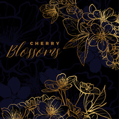 Vector line art and flat fill golden cherry blossoms flowers in square design. Elegant and luxurious design for invitations or social media posts. Hand drawn vector graphic assets for prints or online