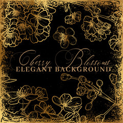 Vector line art and flat fill golden cherry blossoms flowers in square design. Elegant and luxurious design for invitations or social media posts. Hand drawn vector graphic assets for prints or online