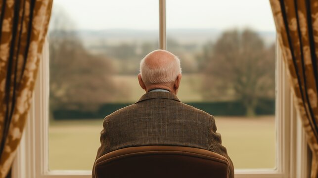 An elderly man sits in contemplation by a large window, gazing out at a serene landscape