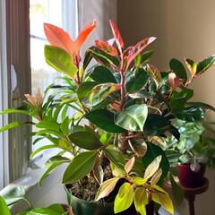 A vibrant houseplant with colorful leaves thrives near a window.