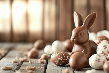 A charming chocolate bunny rests among beautifully decorated colorful eggs on a rustic wooden surface, capturing the essence of Easter festivities and the spirit of celebration for family gatherings