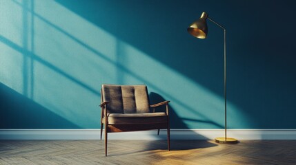 Obraz premium Sunlit room with armchair and floor lamp.