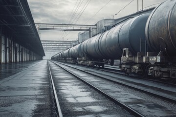 Naklejka premium Industrial Railroad Depot with Tank Cars on a Rainy Day: A Majestic View of Modern Infrastructure