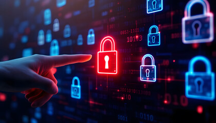 Cybersecurity Concept, Hand Pointing to Red Padlock on Data Screen, Data Protection, Hand Touching Digital Lock with Binary Code