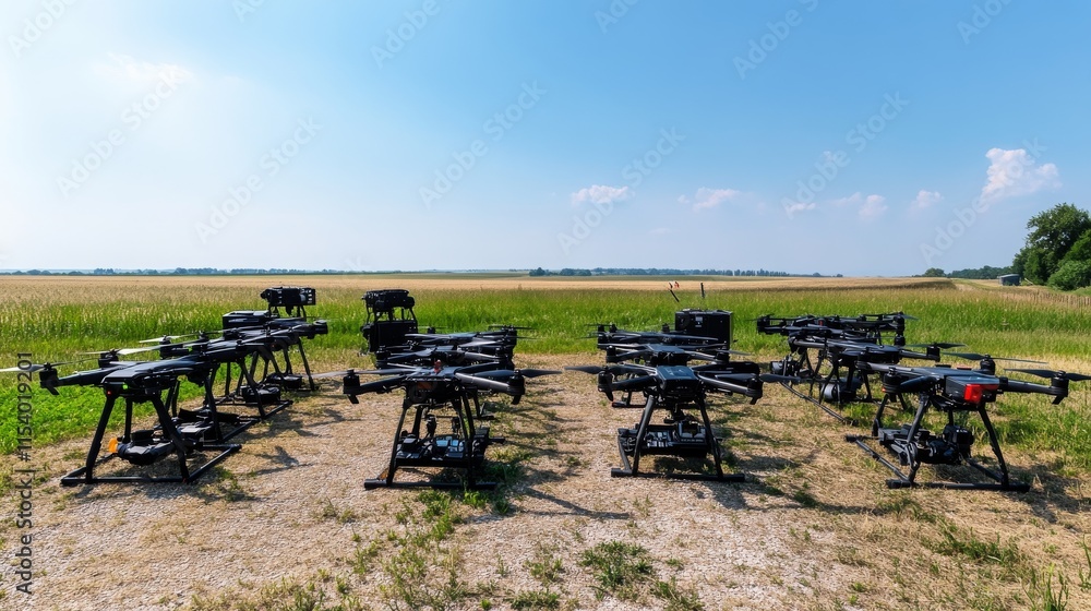 Poster A well-organized drone flying station with drones and controllers neatly laid out, An open field with clear skies, Minimalist technological style