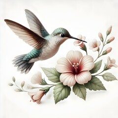 Obraz premium A graceful hummingbird hovers near pink flowers, sipping nectar, surrounded by soft leaves in a serene and natural setting.