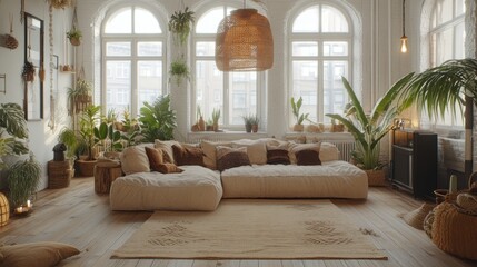 Sunlit bohemian living room with large sectional sofa, plants, and natural decor.