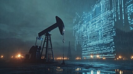 Oilfield pump jack under a sleek digital graph of petroleum market trends, sharp and professional for stock photos, creative illustrations
