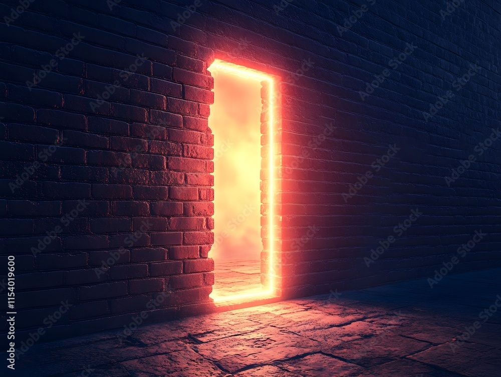 Aufkleber Illuminated Doorway Surrounded by Dark Walls Creating a Mysterious Atmosphere with Glowing Light Emanating from the Open Entrance in a Surreal Setting