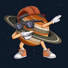 Hand drawn Saturn planet character wearing brown cap, sunglasses doing dab dance, Saturn dabbing © asgraphics13